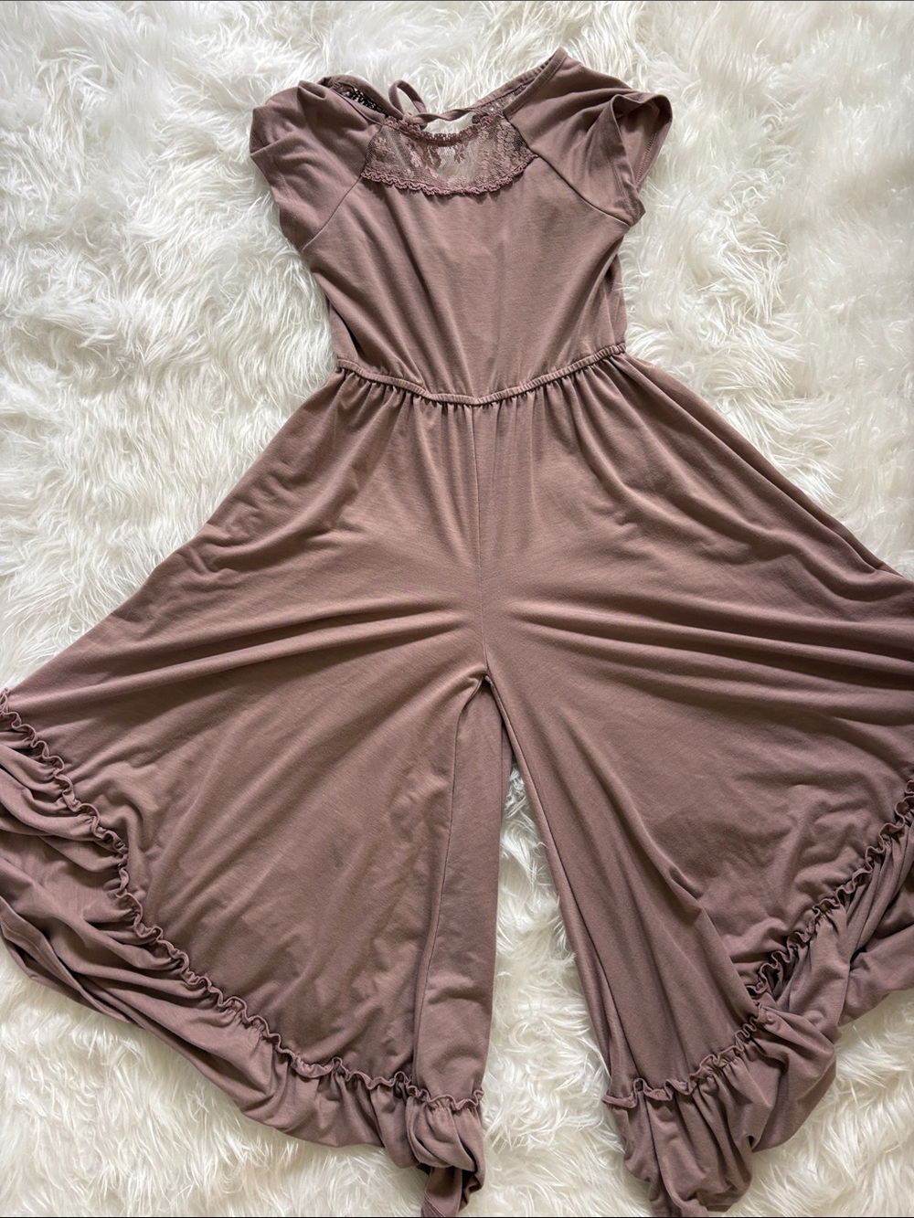 Joyfolie Girls Mauve Wide-Leg Jumpsuit with Lace Trim